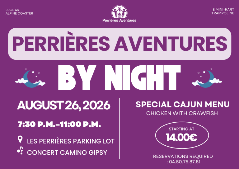 Affiche nocturne Perrières Aventures 26 août 2026 - EN